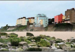 View of Tenby's famous coloured houses by the beach